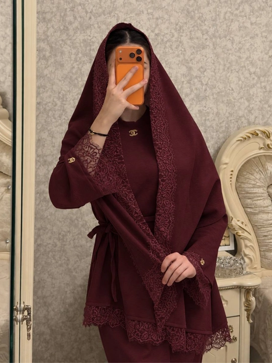 Royka 3 talik komplekt, Oysho matoli, uzun yubka, kofta va ro‘mol, nafis to‘rli, 44–52