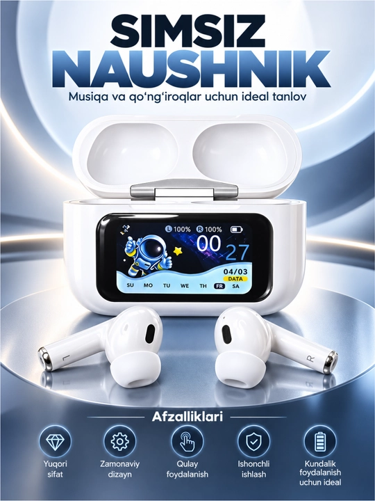 Sensorli boshqaruv va smart displeyli 5.3 simsiz Bluetooth quloqchinlar - 