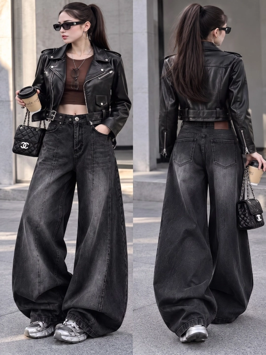 Koreys uslubida ayollar keng jinsi shimlar—katta o‘lchamli,baggi,yuqori belli S,M,L,XL,2XL