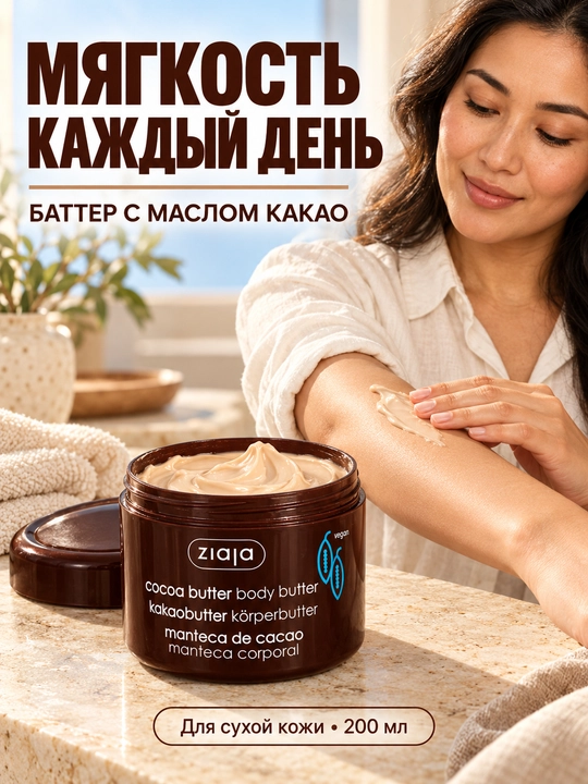 Баттер для тела Ziaja с маслом какао, питательный крем для тела, для сухой кожи, 200 мл