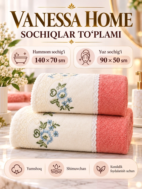 Banni va yuz kamplektlar yumshioq va qulay suvni shimishi zur