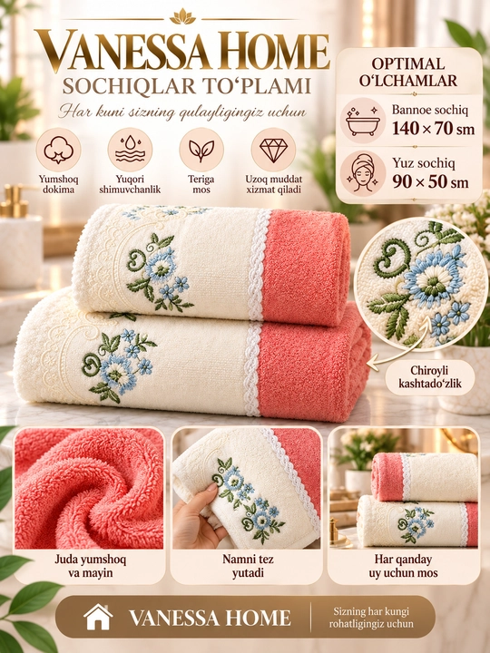 Banni va yuz kamplektlar yumshioq va qulay suvni shimishi zur