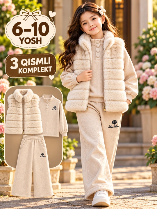 Qiz bolalar kiyim to‘plami 6–10 yosh, bej jilet, kofta va shim - 