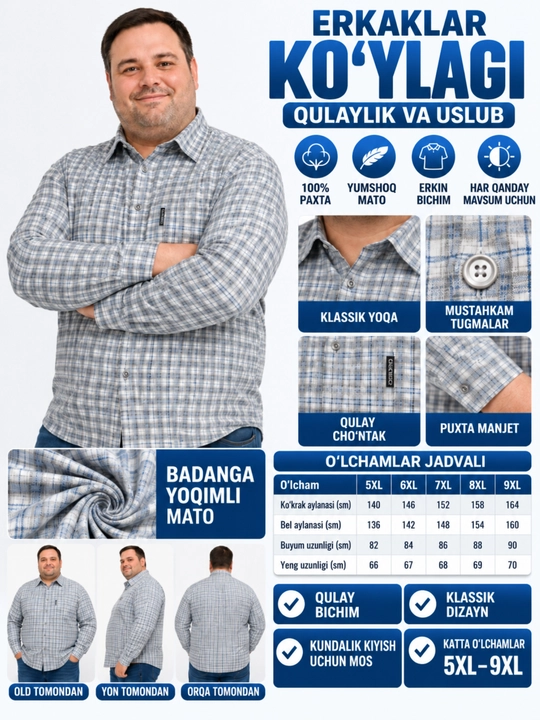 Katak va sidirg‘a rangli, paxta matodan, uzun yengli erkaklar ko‘ylagi, katta o‘lchamlarda