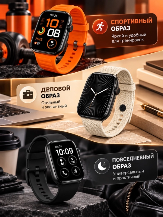 Aqlli soat, smart soat, qora korpus, 3 xil almashtiriladigan remeshok, magnitli zaryadlash