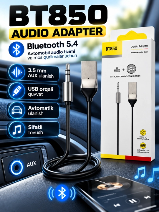 BT850 Bluetooth 5.4 audio adapter, AUX 3.5 mm, avtomobil uchun simsiz musiqa qabul qilgich