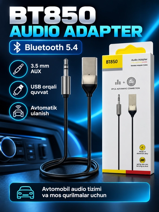 BT850 Bluetooth 5.4 audio adapter, AUX 3.5 mm, avtomobil uchun simsiz musiqa qabul qilgich - 