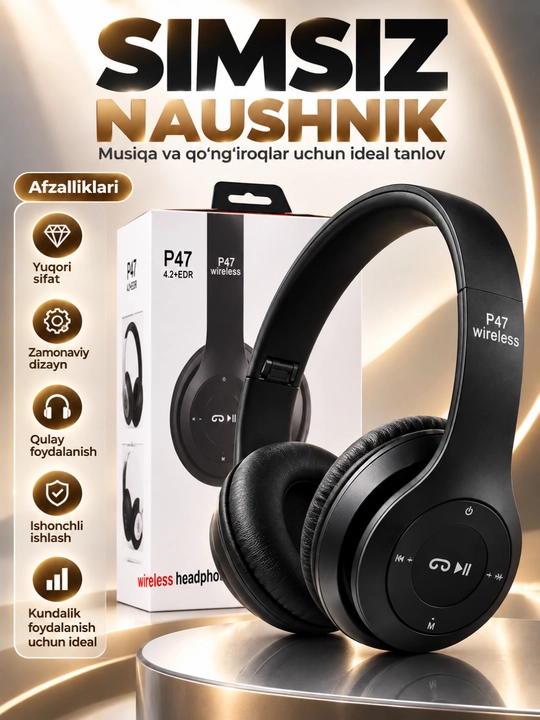 Stereo ovoz, TF karta, AUX va mikrofonli P47 Bluetooth simsiz quloqchinlari - 