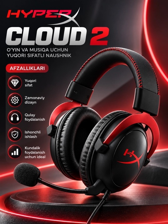 HyperX cloud 2, kompyuter, PS5, Xbox, noutbuk uchun stereo mikrofonli o‘yin garniturasi - 