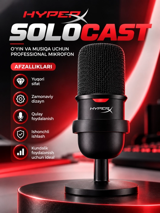 Hyperx solocast usb kondensator mikrofon streaming podcast gaming va yozuv uchun - 