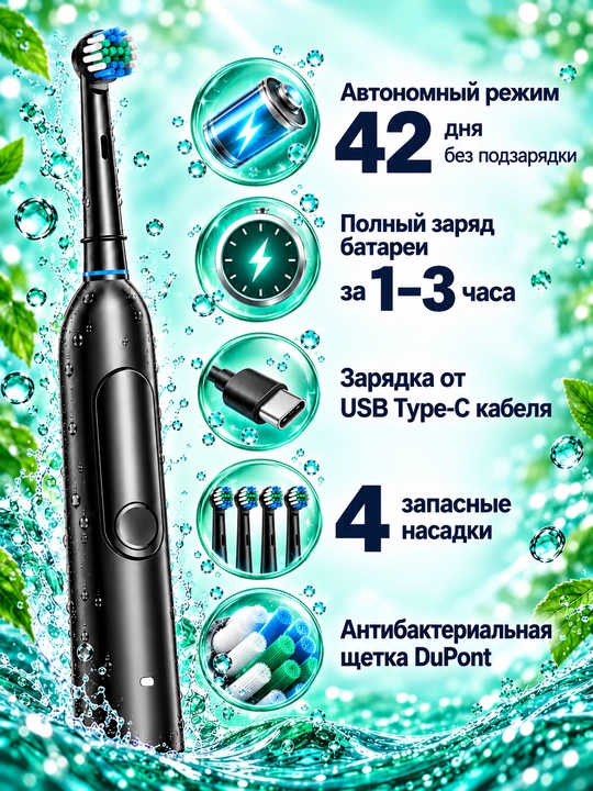 Ультразвуковая зубная щетка, с вращающейся насадкой с аккумулятором, 1500 мАч