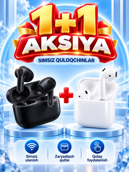1+1 simsiz Bluetooth quloqchinlar, qora va oq rang, zaryadlash qutisi bilan - 