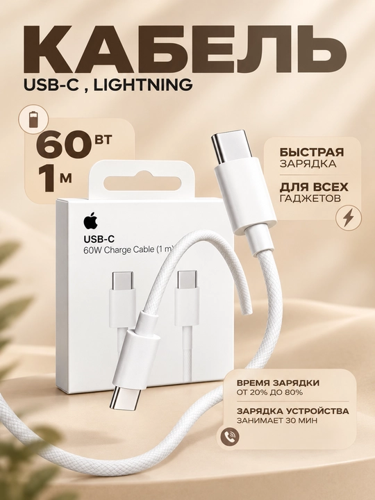 Кабель для iPhone USB, Type-C и Lightning, 60 Вт — быстрая зарядка и удобное использование