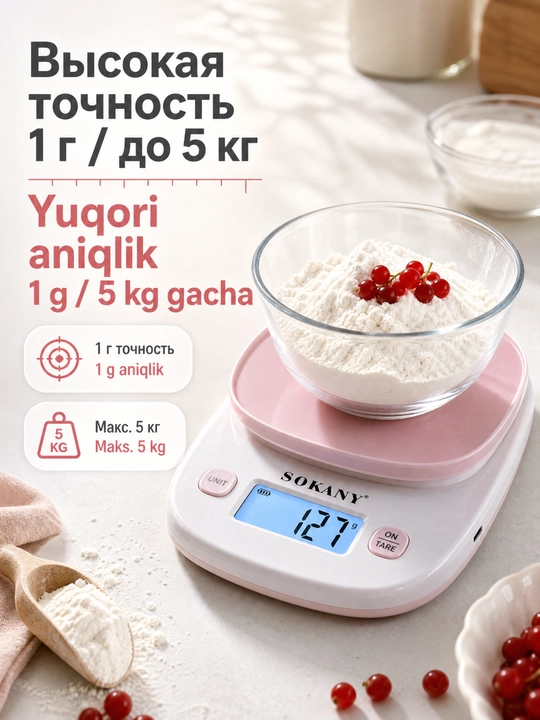 Кухонные электронные весы SOKANY SK-19058, до 5 кг, точность 1 г, USB зарядка