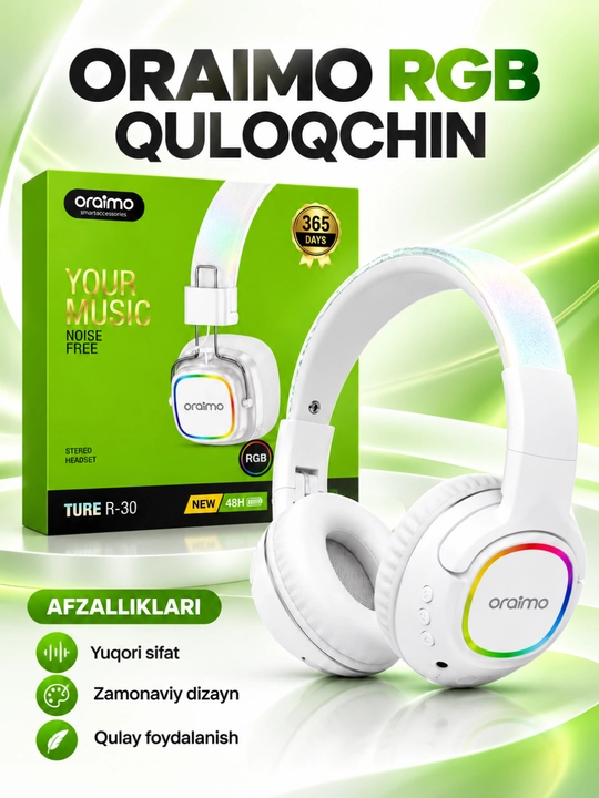 Oraimo TURE R-30 Simsiz Bluetooth Naushnik, RGB, Mikrofon, Stereo Ovoz, 48 Soat - 