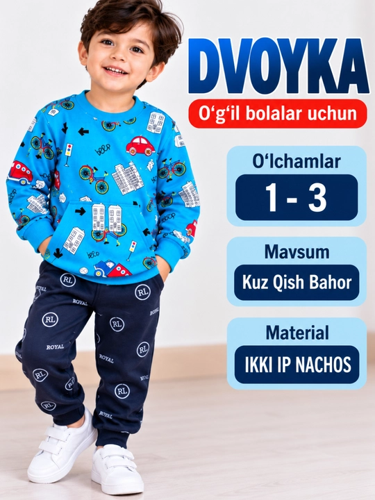 O‘g‘il bolalar uchun dvoyka, ikki ip nachosli sport kostyumi, kuz-qish mavsumi, 1–3 yosh - 