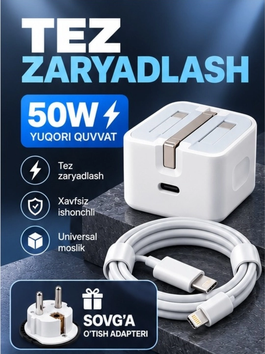 50W zaryadlovchi, zaryadchik, tez zaryadlash, Type-Cdan Lightning kabel - 