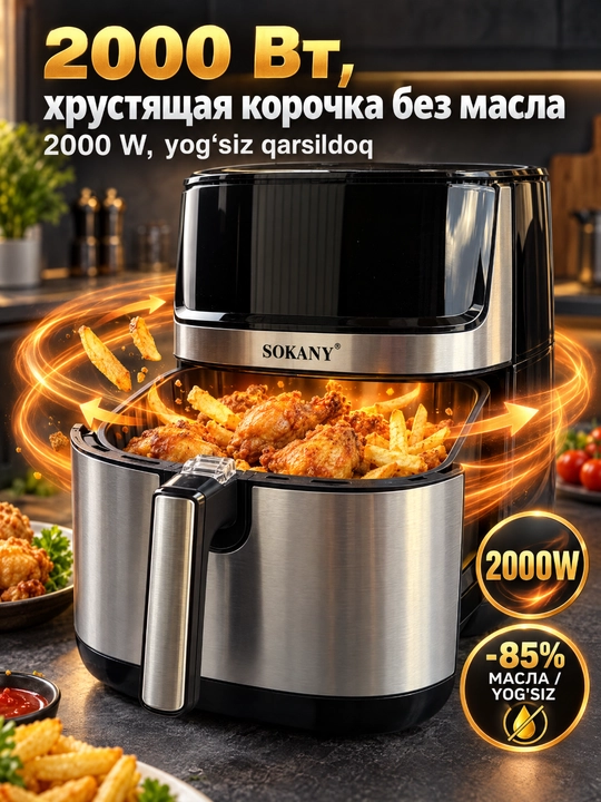 SOKANY SK-10037 aerofriturka 8L, 2000Vt, sensor displey, yog'siz qovurish