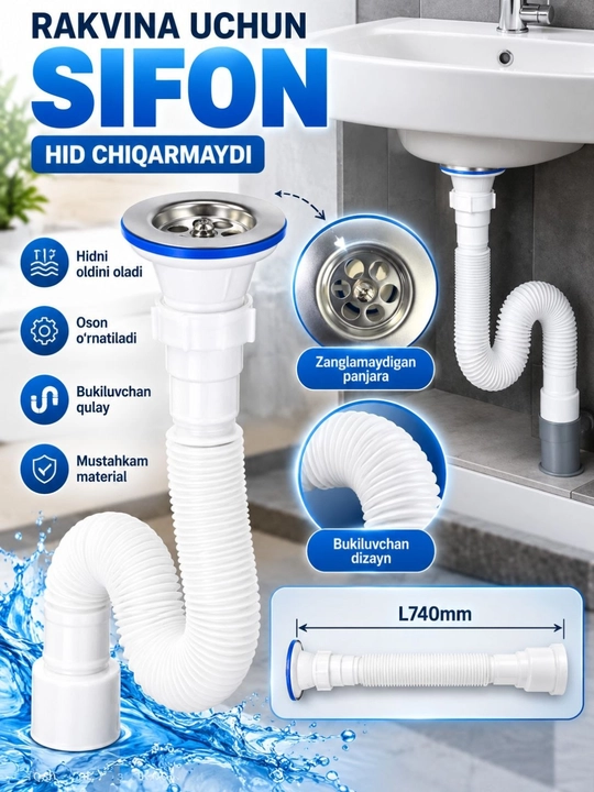 Rakovina uchun egiluvchan sifon, hid qaytishidan himoyalovchi, 740 mm - 