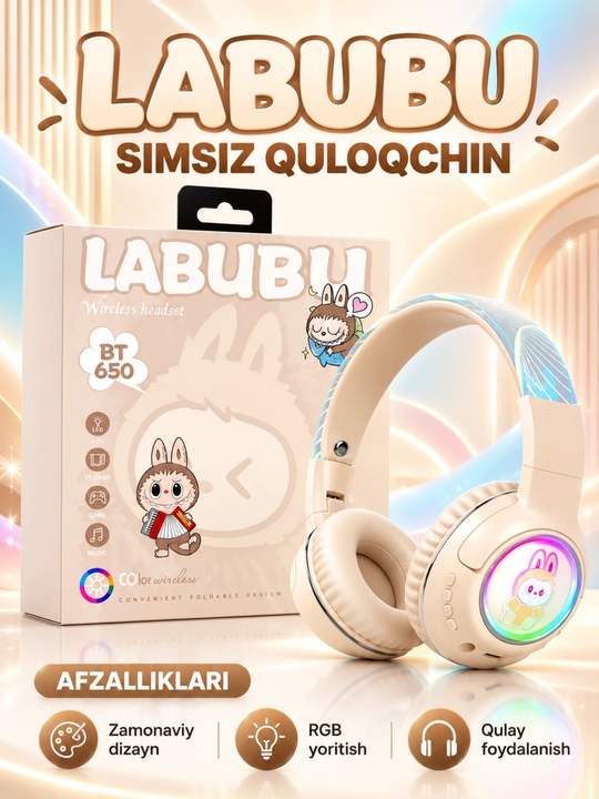 LABUBU BT650 Simsiz Bluetooth 5.3 Naushnik, RGB LED, Mikrofon, TF Karta, Stereo - 