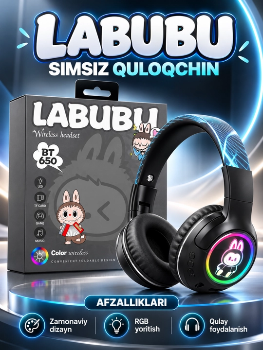 LABUBU BT650 Simsiz Bluetooth 5.3 Naushnik, RGB LED, Mikrofon, TF Karta, Stereo - 