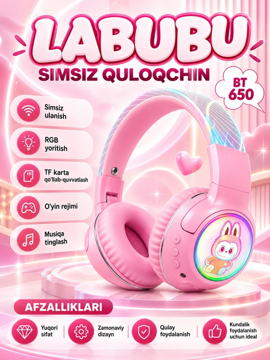 LABUBU BT650 Simsiz Bluetooth 5.3 Naushnik, RGB LED, Mikrofon, TF Karta, Stereo - 