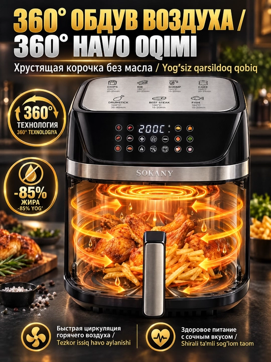 SOKANY aerofriturka 10L XXL, sensor displey, ko'p dasturlar, yog'siz qovurish