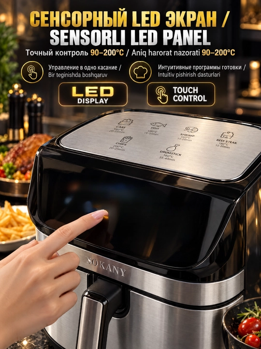 SOKANY aerofriturka 10L XXL, sensor displey, ko'p dasturlar, yog'siz qovurish