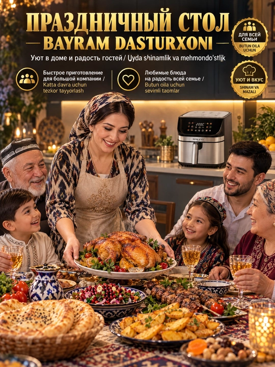 SOKANY aerofriturka 10L XXL, sensor displey, ko'p dasturlar, yog'siz qovurish