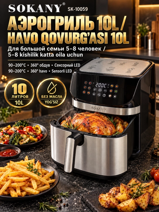 SOKANY aerofriturka 10L XXL, sensor displey, ko'p dasturlar, yog'siz qovurish - 
