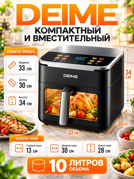 Deime aerogrill, 6, 7, 8, 10 l, yog‘siz qovurish, 1800 Vt quvvatli, ko‘p funksiyali