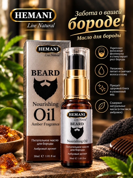 HEMANI Beard Nourishing Oil — Питательное масло для бороды с ароматом янтаря, 30 мл - 