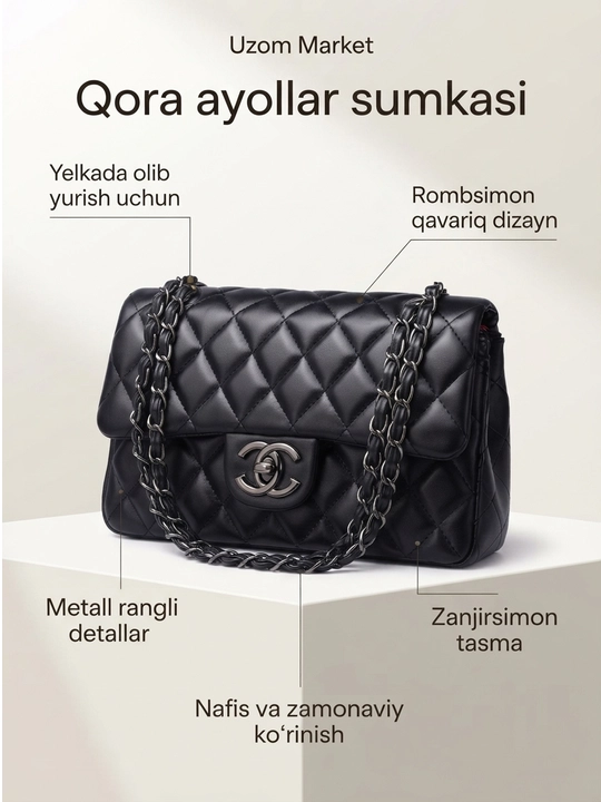 Zanjirli va romb shaklidagi dizaynli qora Chanel ayollar yelka sumkasi