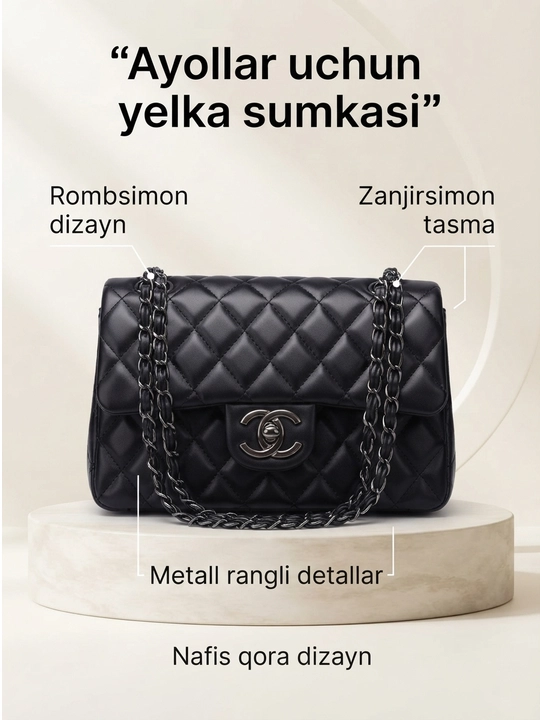 Zanjirli va romb shaklidagi dizaynli qora Chanel ayollar yelka sumkasi