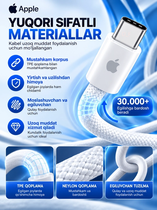 Tez zaryadlovchi kabel –  Type-C to Lightning / Type-C, ma'lumot uzatish