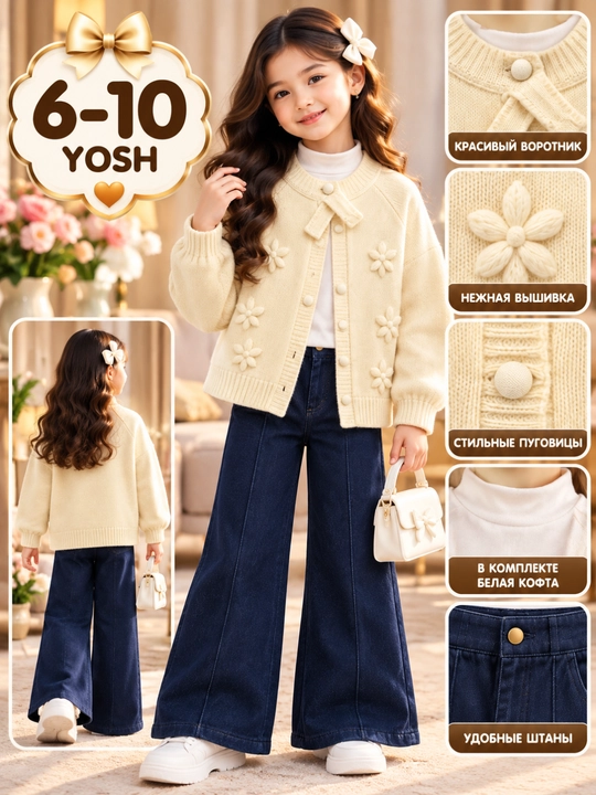 Qizlar uchun troyka 6–10 yosh, gulli kofta, ichki kiyim va nachosli shim - 