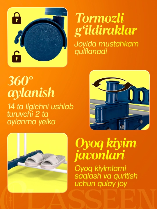 Kiyim quritgich g'ildirakli kir ilgich, kir iladigan sushilka