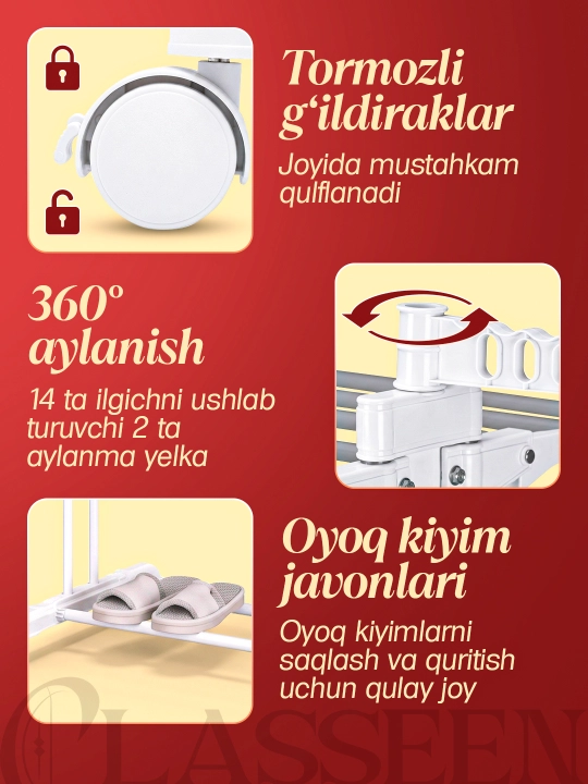 Kiyim quritgich g'ildirakli kir ilgich, kir iladigan sushilka