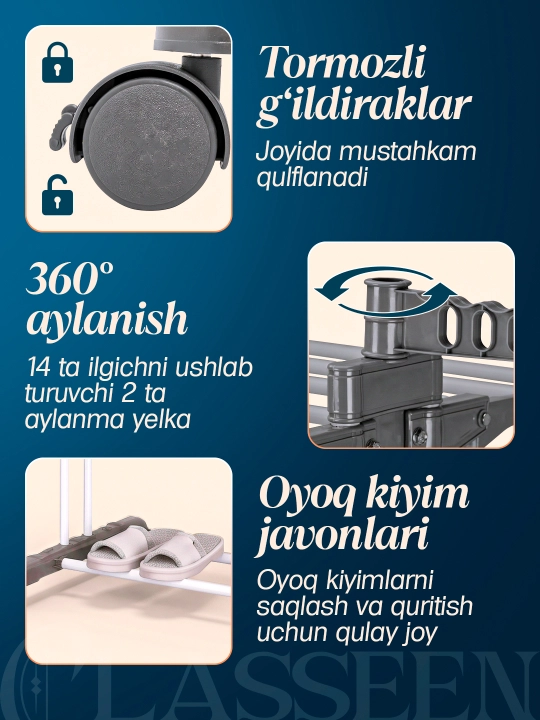 Kiyim quritgich g'ildirakli kir ilgich, kir iladigan sushilka
