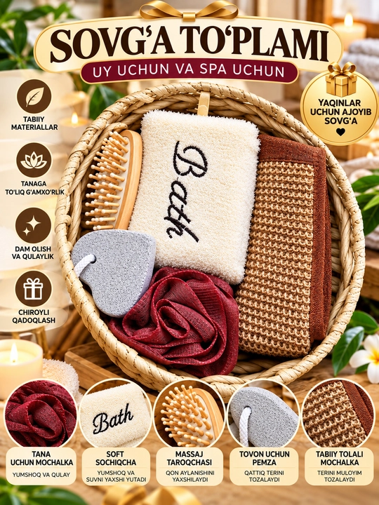 Uy, hammom va sauna uchun ixcham SPA-to'plami, uy va sovg'a uchun: taroq, mochalka, tosh