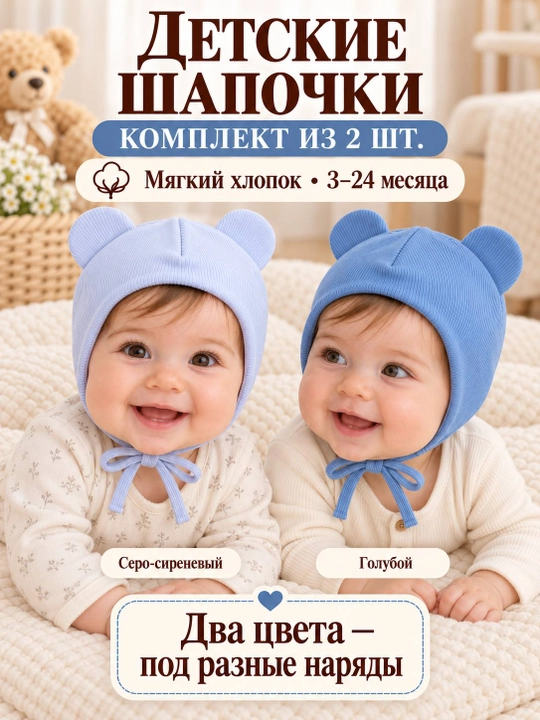 Детские шапочки для новорождённых, 2 шт. в наборе, подойдут малышам от 3 до 18 месяцев
