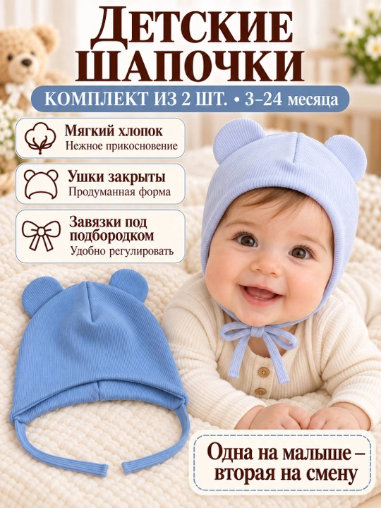 Детские шапочки для новорождённых, 2 шт. в наборе, подойдут малышам от 3 до 18 месяцев