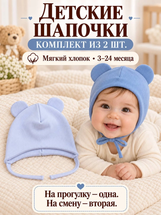 Детские шапочки для новорождённых, 2 шт. в наборе, подойдут малышам от 3 до 18 месяцев