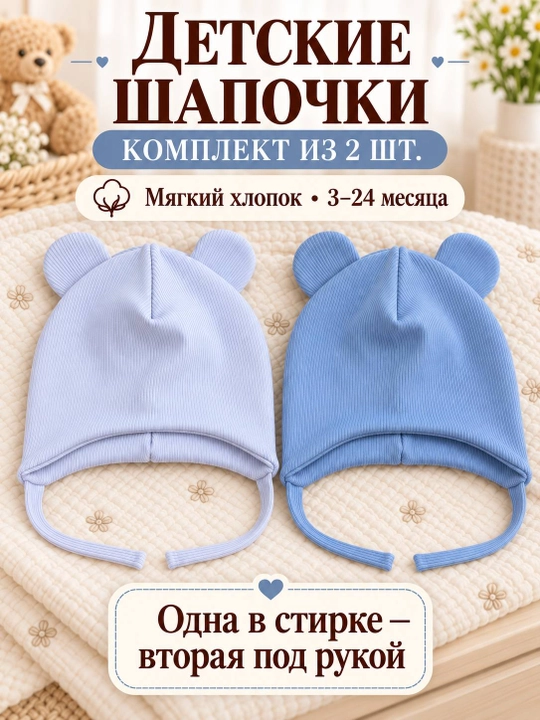 Детские шапочки для новорождённых, 2 шт. в наборе, подойдут малышам от 3 до 18 месяцев