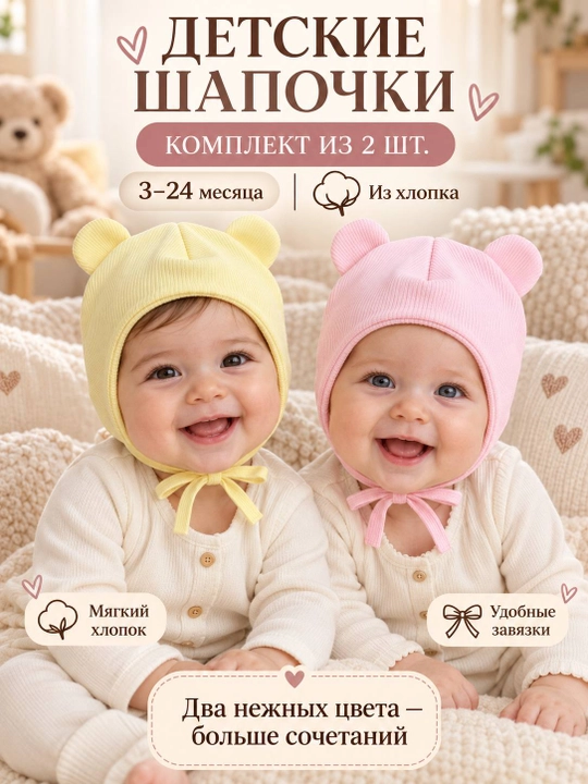 Детские шапочки для новорождённых, 2 шт. в наборе, подойдут малышам от 3 до 18 месяцев