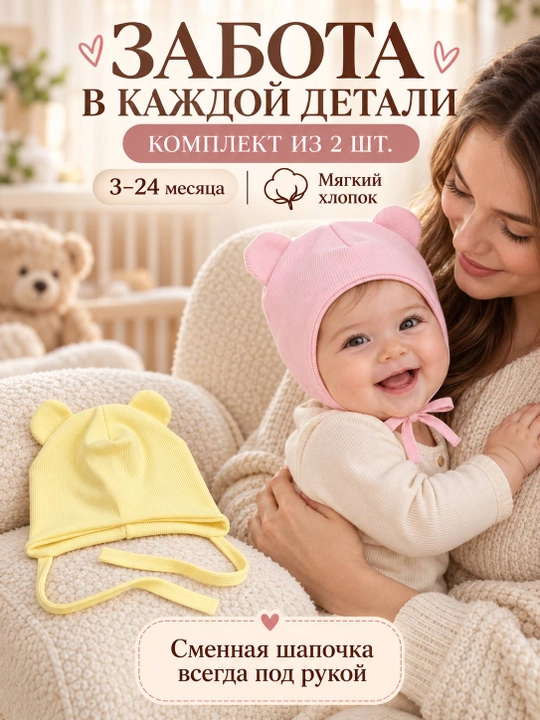 Детские шапочки для новорождённых, 2 шт. в наборе, подойдут малышам от 3 до 18 месяцев