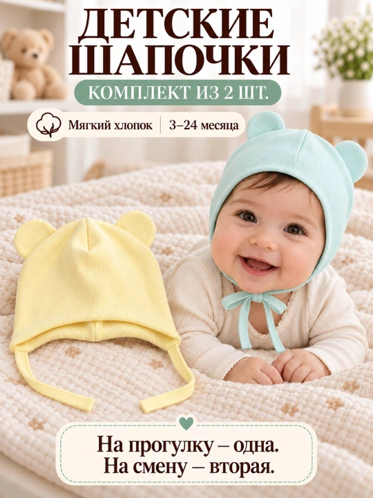 Детские шапочки для новорождённых, 2 шт. в наборе, подойдут малышам от 3 до 18 месяцев