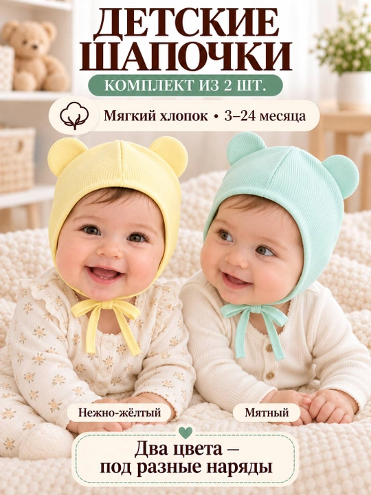 Детские шапочки для новорождённых, 2 шт. в наборе, подойдут малышам от 3 до 18 месяцев
