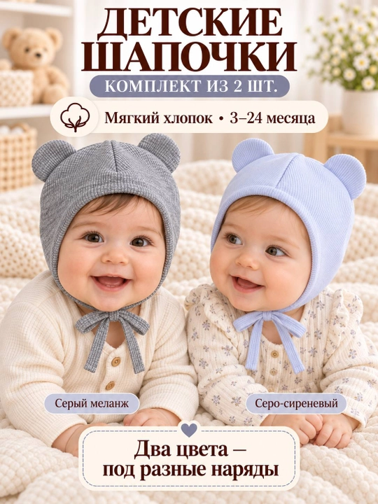 Детские шапочки для новорождённых, 2 шт. в наборе, подойдут малышам от 3 до 18 месяцев