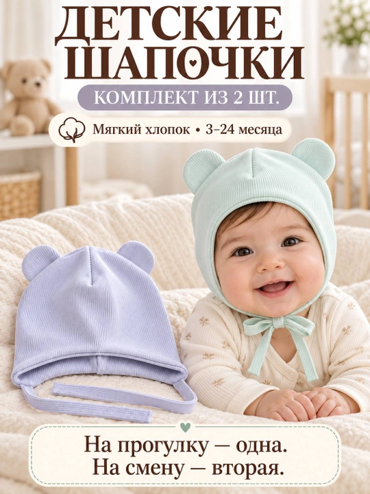 Детские шапочки для новорождённых, 2 шт. в наборе, подойдут малышам от 3 до 18 месяцев